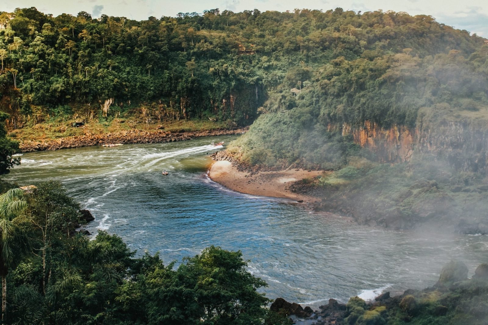 A boat approaching the base of the falls. Iguazu Falls trip